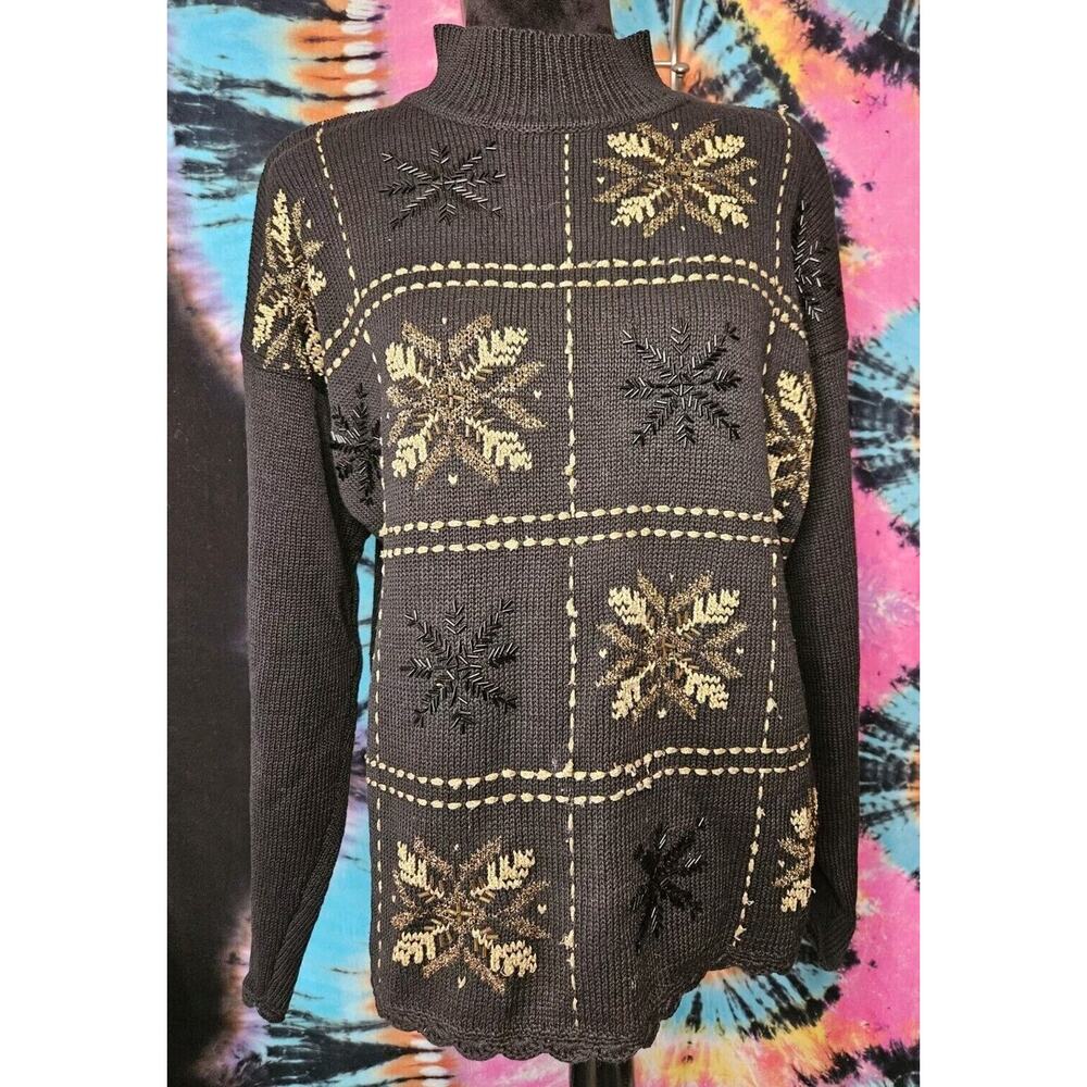 Vintage Beldoch Popper Black Winter Christmas Sweater Gold Bead Snowflake Large